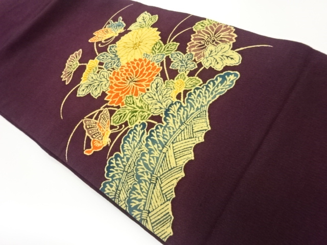 JAPANESE NAGOYA OBI / JODAI TSUMUGI / KIKU & BUTTERFLY